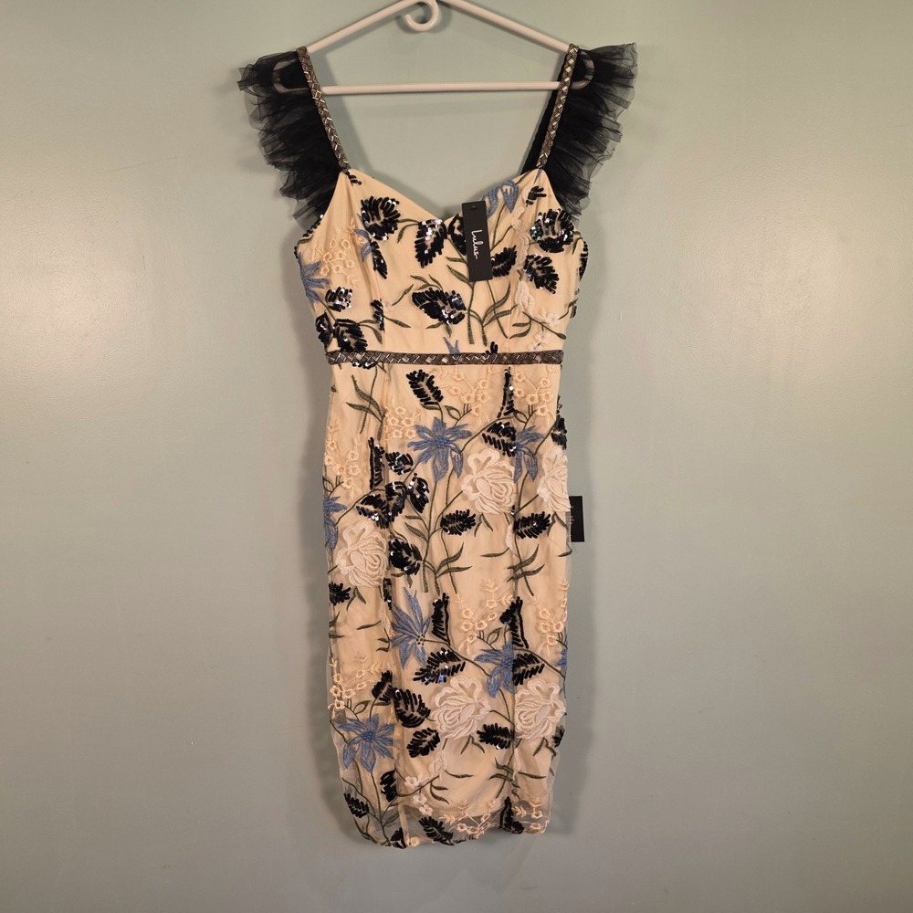 Lulus Embroidered Sequin Floral Midi Dress Cream Black Blue Ruffle Strap M